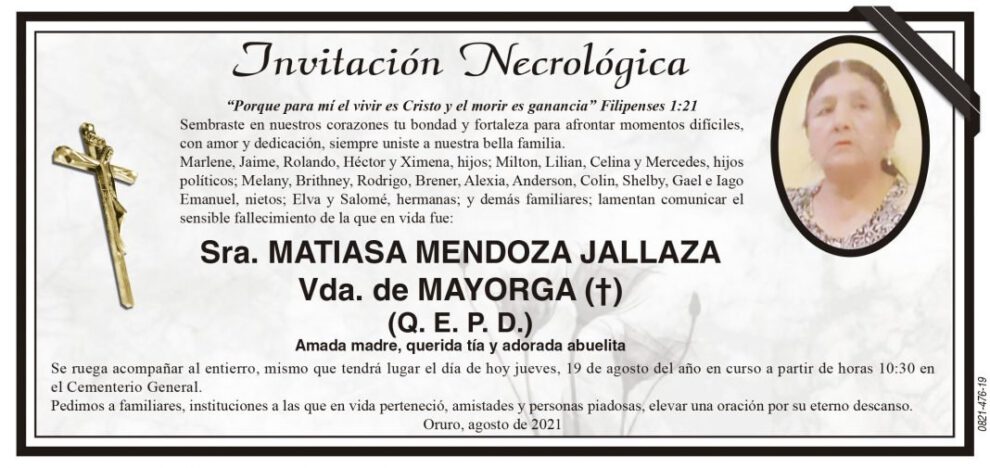 Invitación Necrológica de Matiasa Mendoza Jallaza