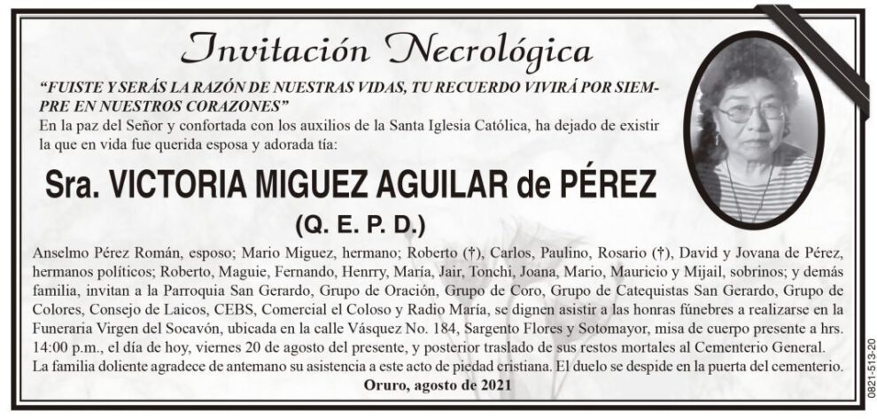 Invitación Necrológica de Victoria Miguez Aguilar