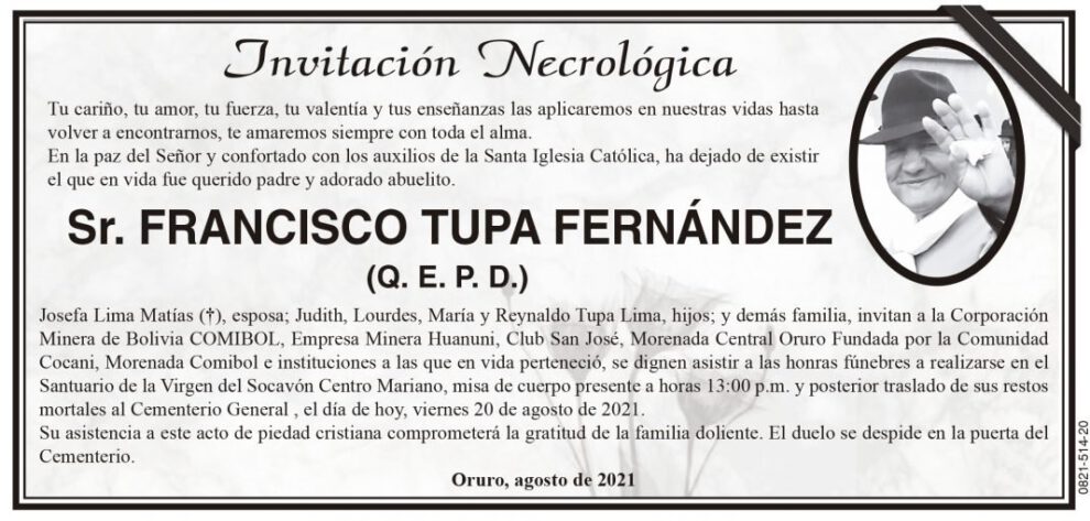 Invitación Necrológica: Sr. Francisco Tupa Fernández (Q. E. P. D.)