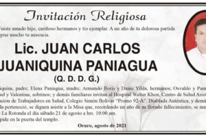 Lic. Juan Carlos Juaniquina Paniagua, obituario y misa en su memoria