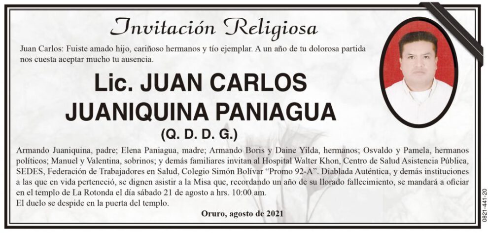 Lic. Juan Carlos Juaniquina Paniagua, obituario y misa en su memoria