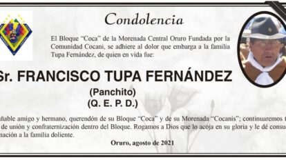 Condolencia por Francisco Tupa Fernández