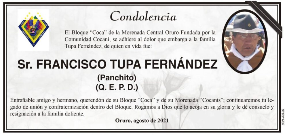 Condolencia por Francisco Tupa Fernández