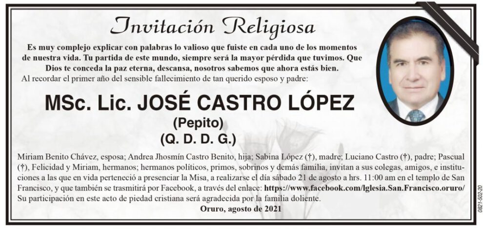 Invitación religiosa para la misa en memoria de José Castro López