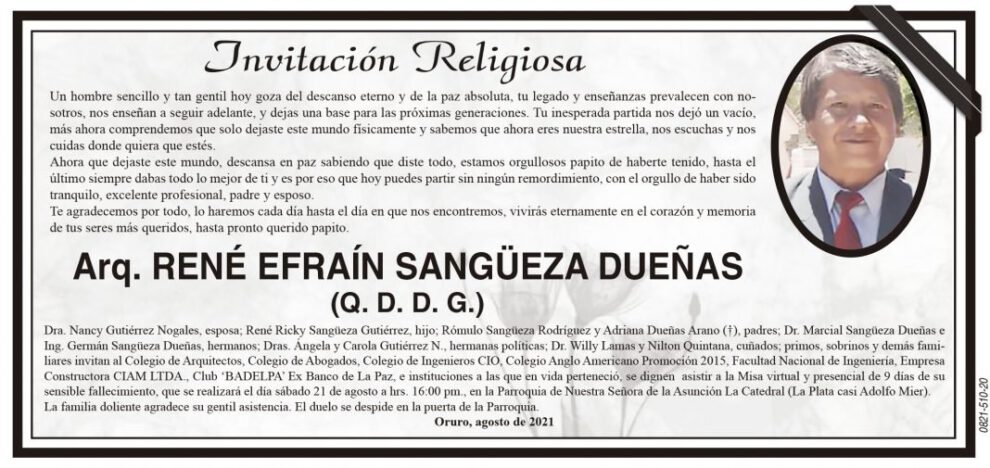 Obituario de René Efraín Sangüeza Dueñas