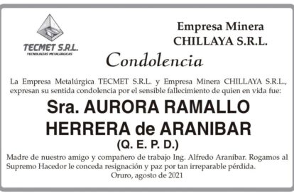 Condolencia por el fallecimiento de Aurora Ramallo Herrera