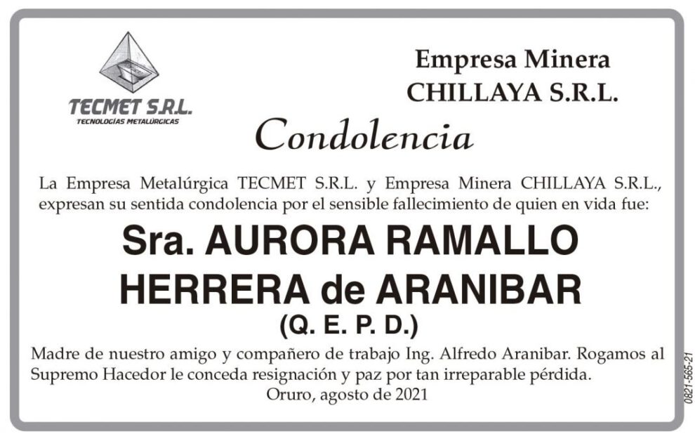 Condolencia por el fallecimiento de Aurora Ramallo Herrera