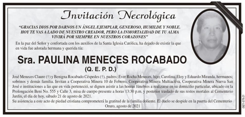 Invitación Necrológica de Paulina Meneces Rocabado