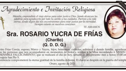 Agradecimiento e Invitación Religiosa: Rosario Yucra de Frías