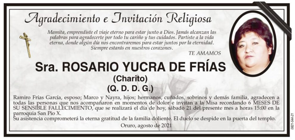 Agradecimiento e Invitación Religiosa: Rosario Yucra de Frías