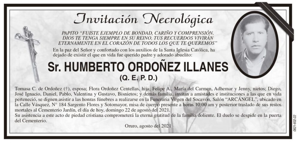 Invitación Necrológica: Sr. Humberto Ordoñez Illanes