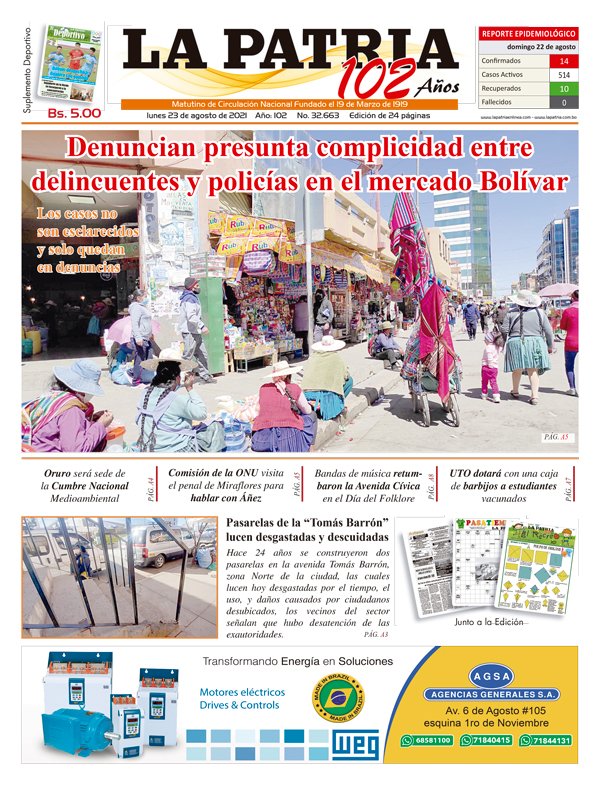 Edición impresa La Patria del 23 de agosto de 2021