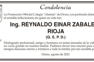 Condolencia por el fallecimiento de Ing. Reynaldo Einar Zabaleta Rioja