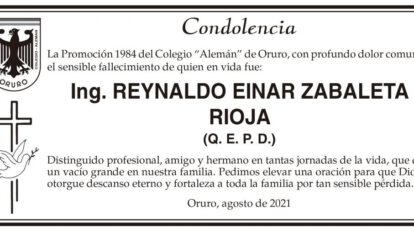 Condolencia por el fallecimiento de Ing. Reynaldo Einar Zabaleta Rioja
