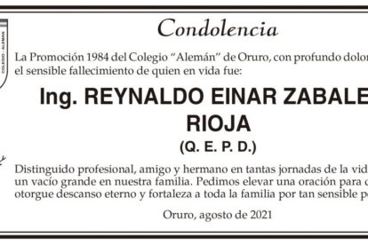 Condolencia por el fallecimiento de Ing. Reynaldo Einar Zabaleta Rioja