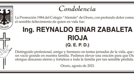 Condolencia por el fallecimiento de Ing. Reynaldo Einar Zabaleta Rioja