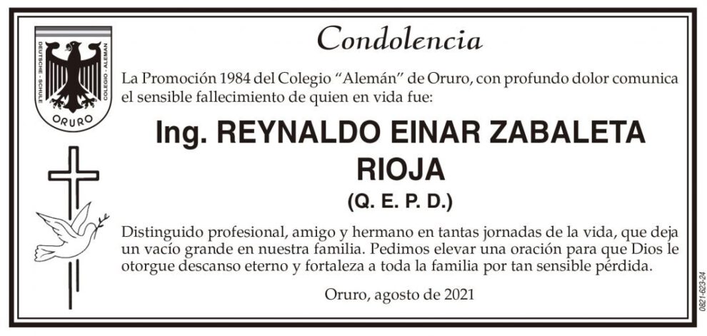 Condolencia por el fallecimiento de Ing. Reynaldo Einar Zabaleta Rioja
