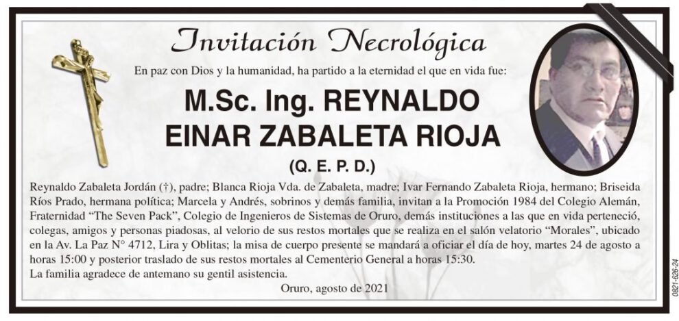 Invitación Necrológica de Reynaldo Einar Zabaleta Rioja