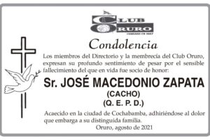Condolencia por el fallecimiento de José Macedonio Zapata