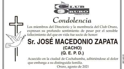 Condolencia por el fallecimiento de José Macedonio Zapata