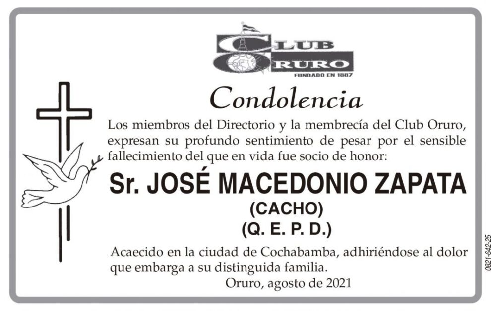Condolencia por el fallecimiento de José Macedonio Zapata