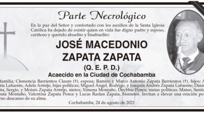 Parte Necrológico de José Macedonio Zapata Zapata