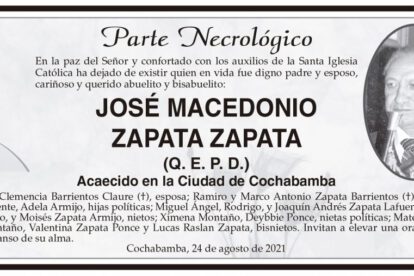 Parte Necrológico de José Macedonio Zapata Zapata