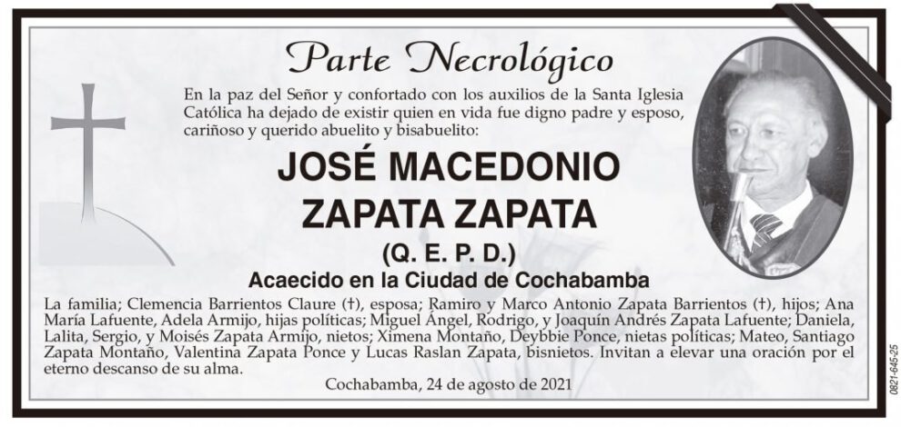 Parte Necrológico de José Macedonio Zapata Zapata