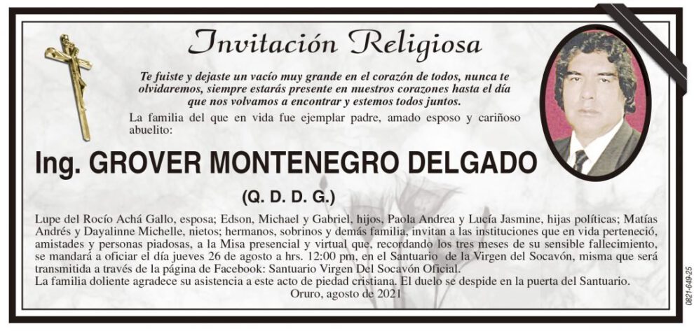 Ing. Grover Montenegro Delgado, invitación religiosa y misa en su memoria