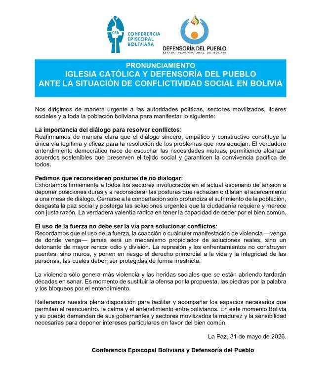 Pronunciamiento de la iglesia católica y defensoría del pueblo