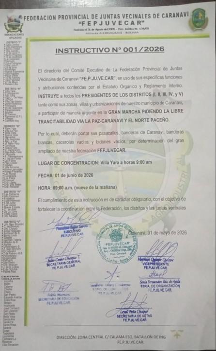 Instructivo de la Federación Provincial de Juntas Vecinales de Caranavi (FEPJUVE CAR)