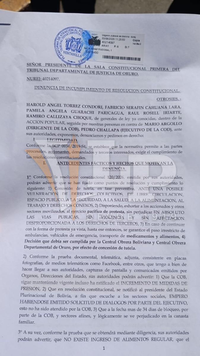 denuncia contra la COB