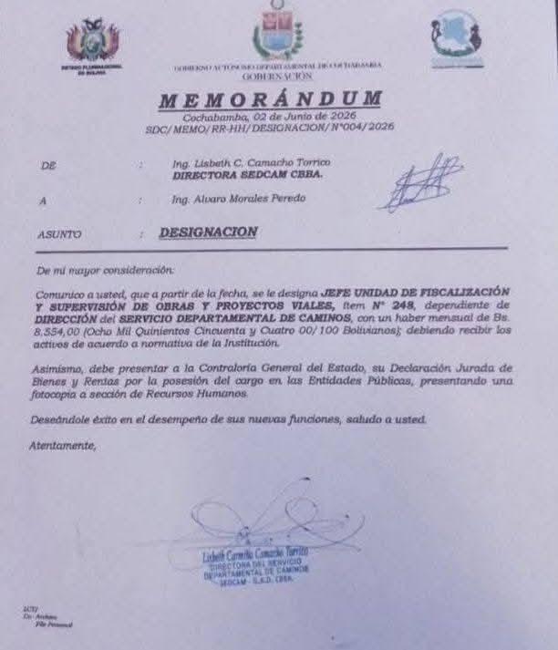 Memorándum de designación de Álvaro Morales Peredo como jefe en el Sedcam