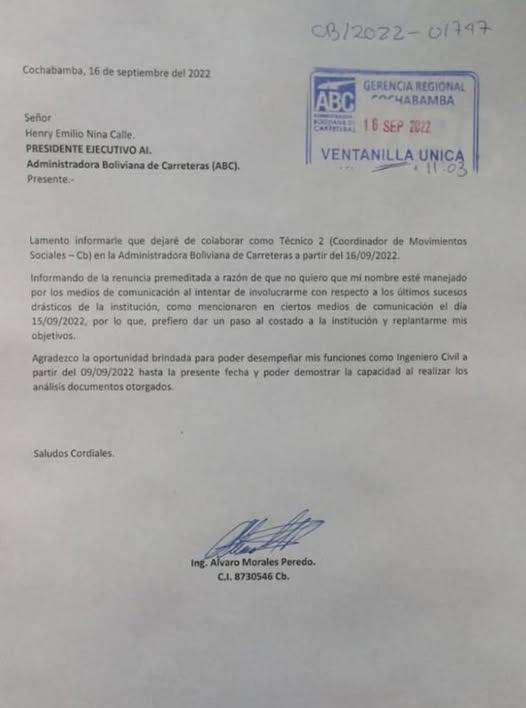 Carta de renuncia de Álvaro Morales Peredo a la ABC en 2022