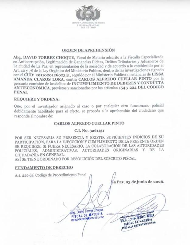 La orden de aprehensión del funcionario Cuellar