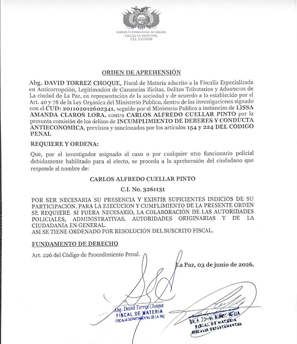 Orden de aprehensión emitida por el Ministerio Público contra el ejecutivo de YPFB investigado