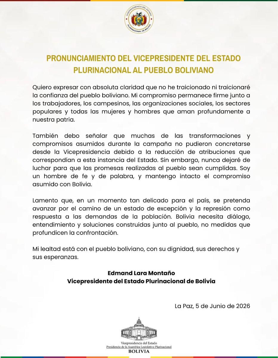 El comunicado oficial emitido por el vicepresidente Edmand Lara