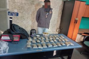 Se incautaron 34 bolsas tipo Ziploc y un recipiente transparente que contenían marihuana