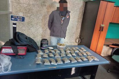 Se incautaron 34 bolsas tipo Ziploc y un recipiente transparente que contenían marihuana