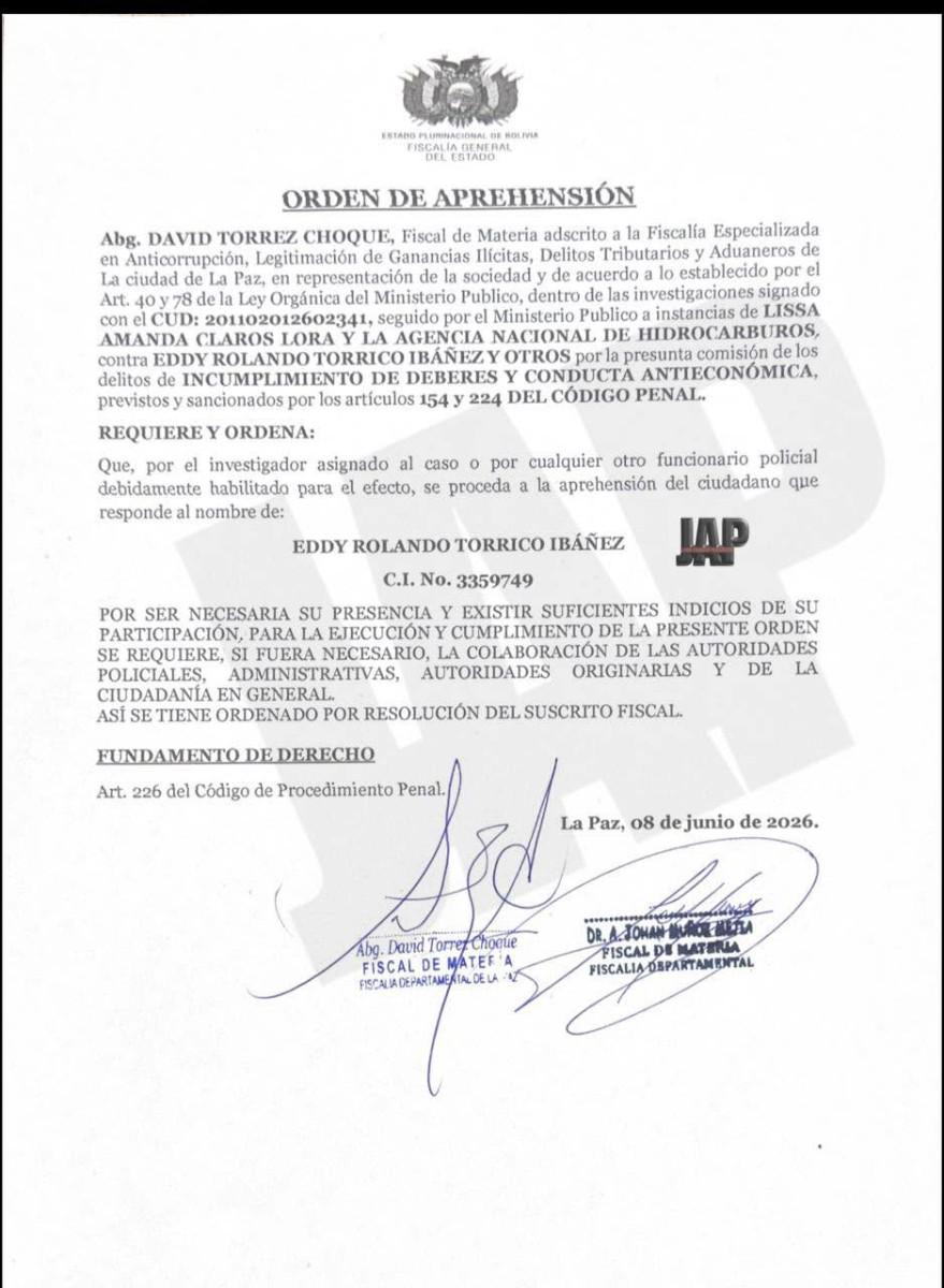 La orden de aprehensión contra Torrico