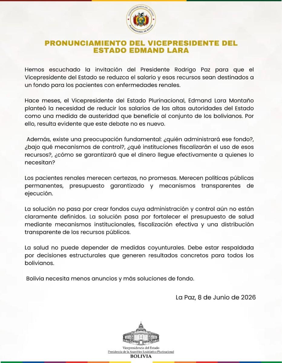 El comunicado no afirma o niega que el Vicepresidente se reducirá el sueldo