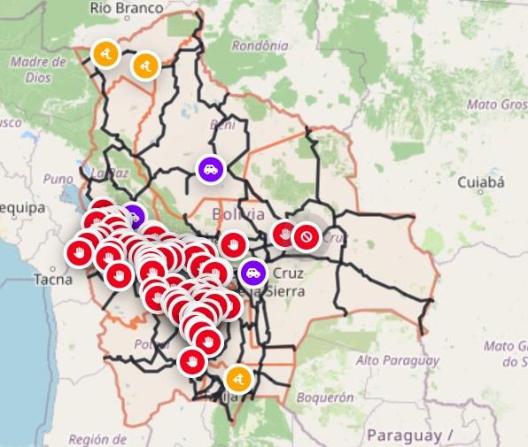 La Administradora Boliviana de Carreteras (ABC) reporta actualmente 85 puntos de bloqueo a nivel nacional