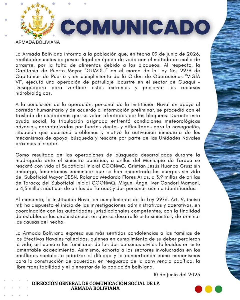 El comunicado difundido por la Armada Boliviana