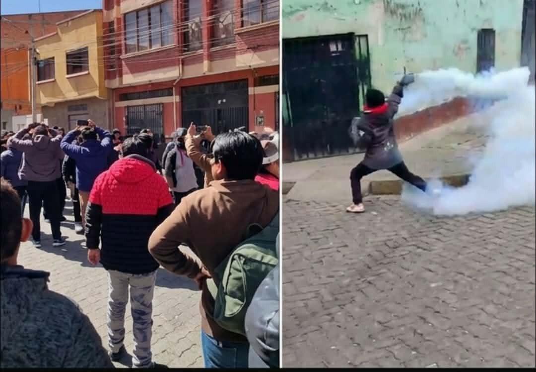 Momento en el que choferes autoconvocados causaron daños a la sede de la Federación Andina