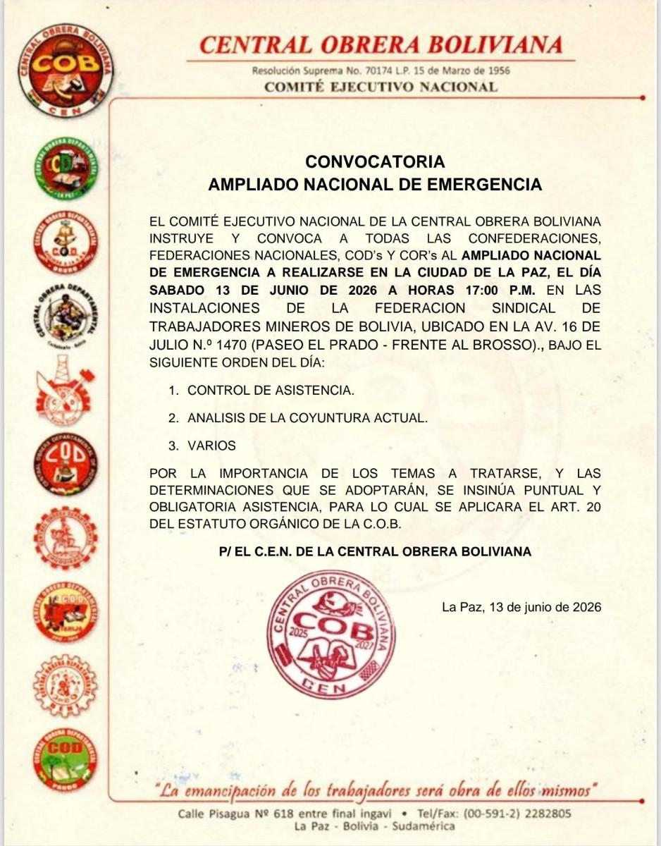 La convocatoria emitida por la COB