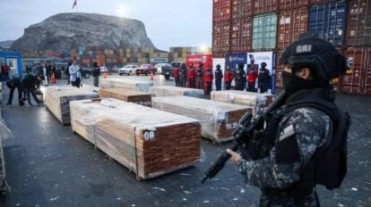 Un policía custodia la droga que estaba escondida en madera proveniente de Bolivia
