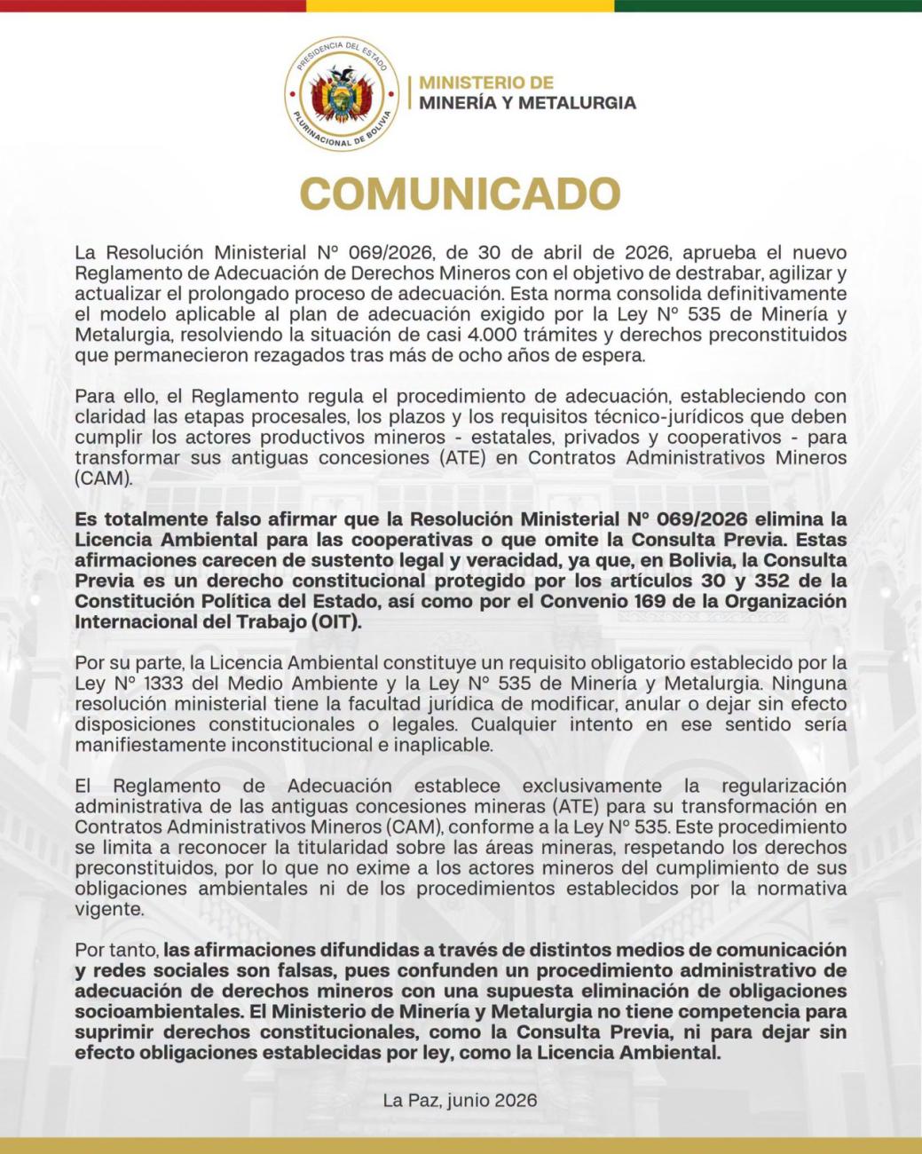 Comunicado del ministerio de mineria y metalurgia