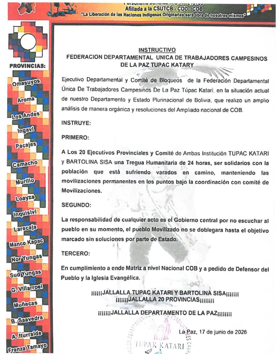 El Instructivo de la Federación campesina Tupac Katari