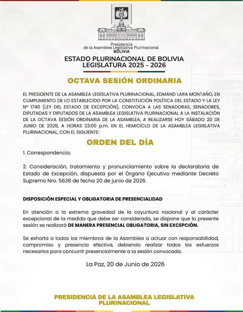 La sesión de Asamblea fue convocada para este sábado de manera presencial obligatoria
