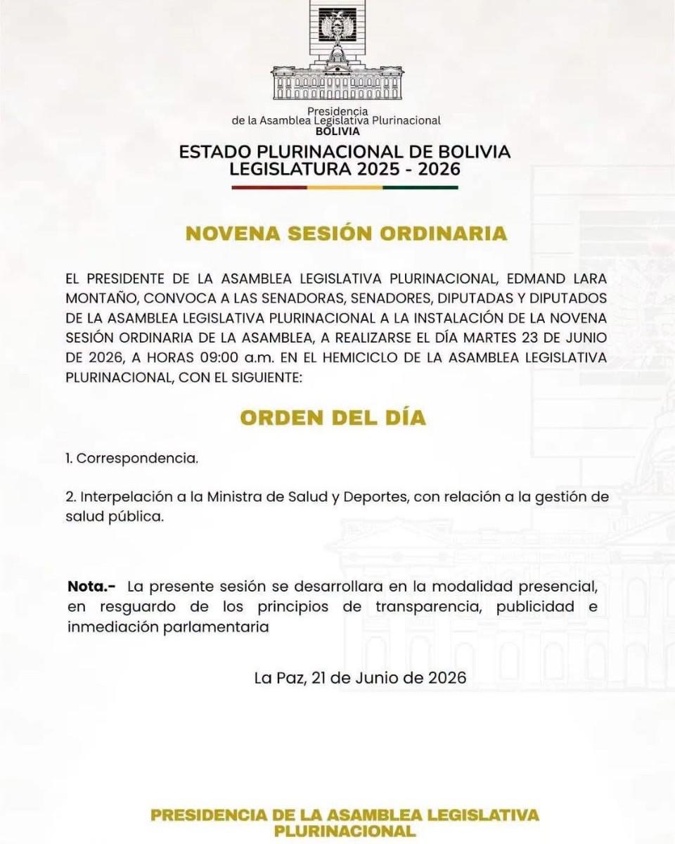Convocatoria para la novena sesión ordinaria de la Asamblea Legislativa